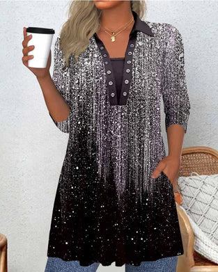 Langermet Bluse Med Krage Og Trykk