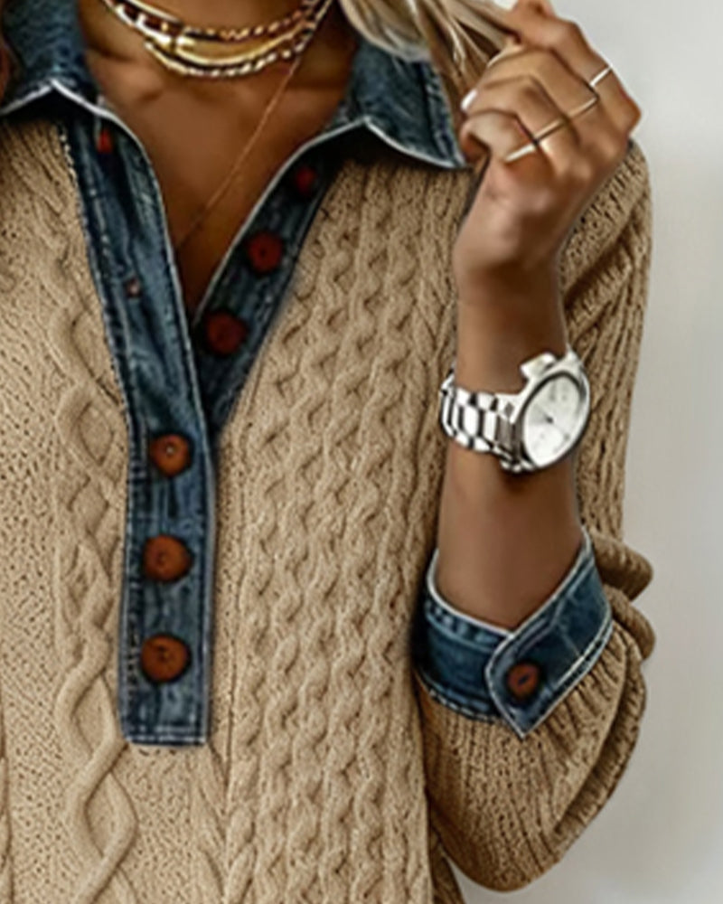 Kragekjole I Denim Med Flettestrikk Og Lappverk