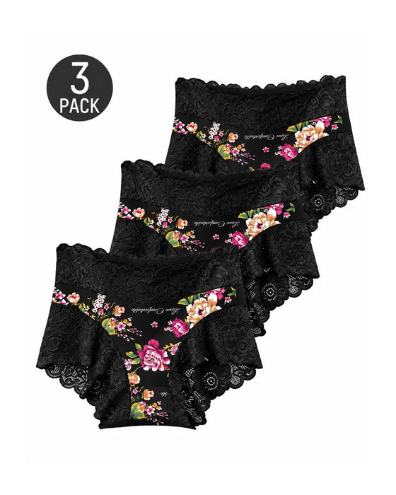 Truser 3-Pack Høy Midje Blomstret Trykk Blonde Kant