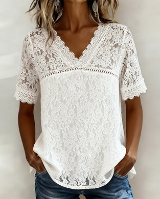 Ensfarget Bluse Kortermet Med Blonder