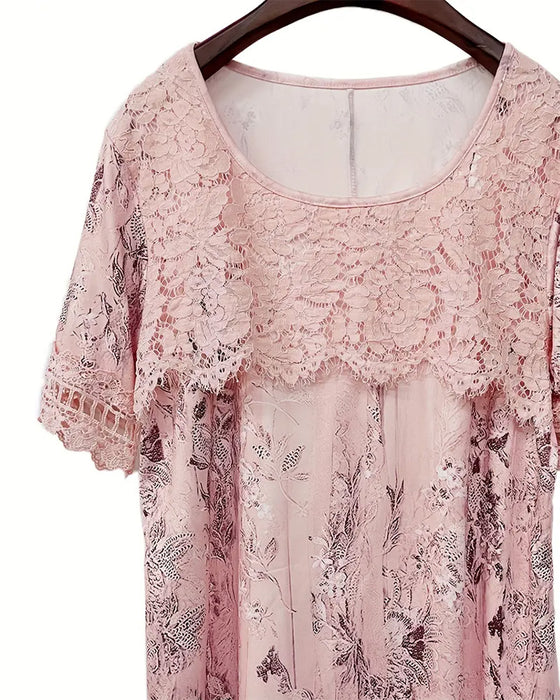 T-skjorte Vid Krage Kort Erme Blonder Patchwork