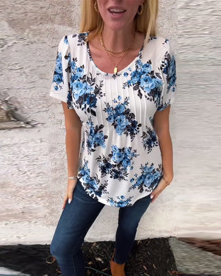 T-Skjorte Med Rund Hals Blomstertrykk Plissért