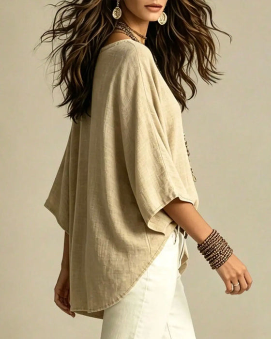 Blouse V-Hals Trekvart Erme Løs
