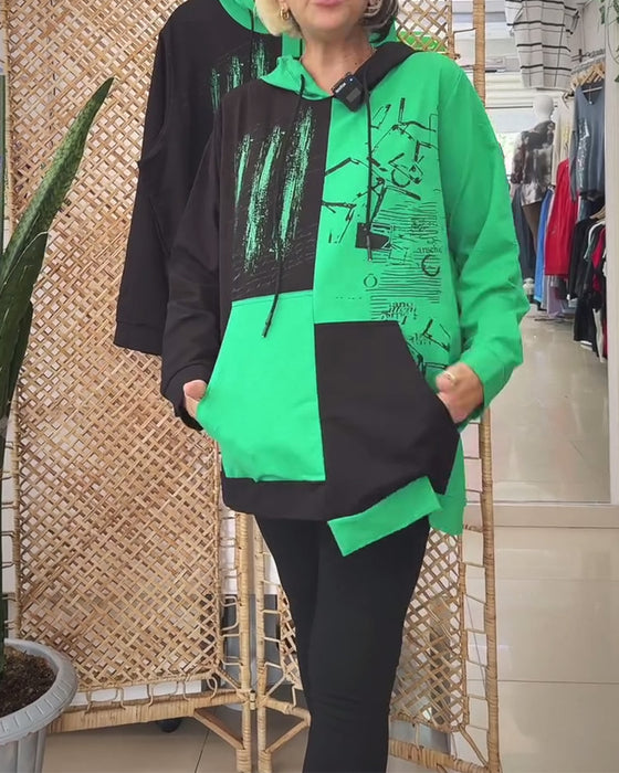 Sweatshirt casual hette fargeblokktrykk