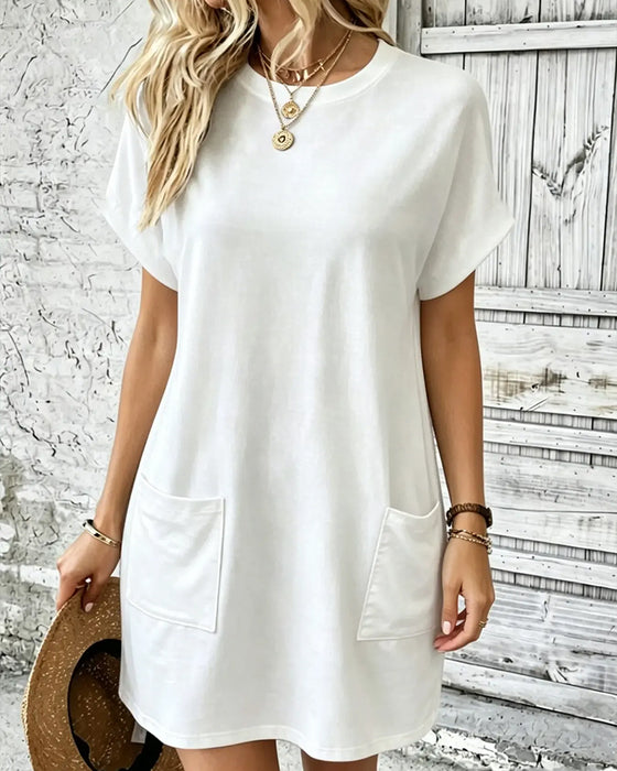 Kjole Rund Hals Dobbel Lomme Solid Avslappnet