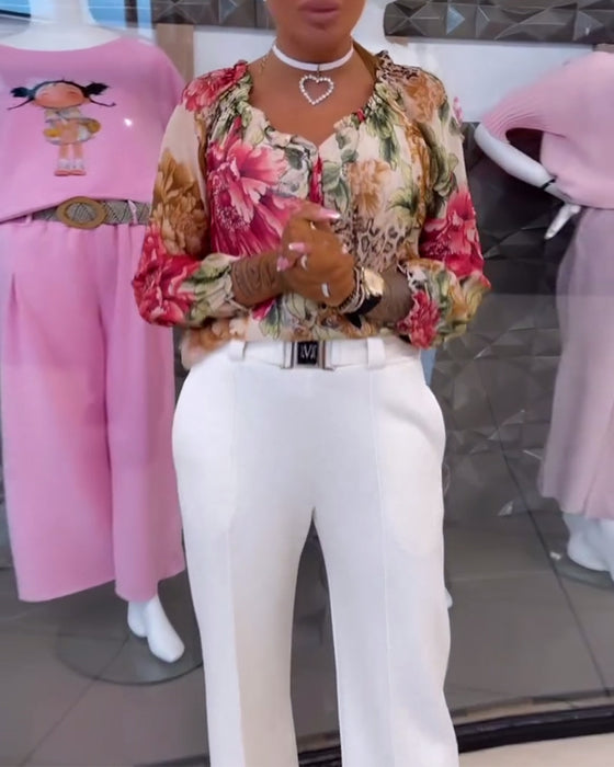 Bluse Med V-Hals Blomstertrykk