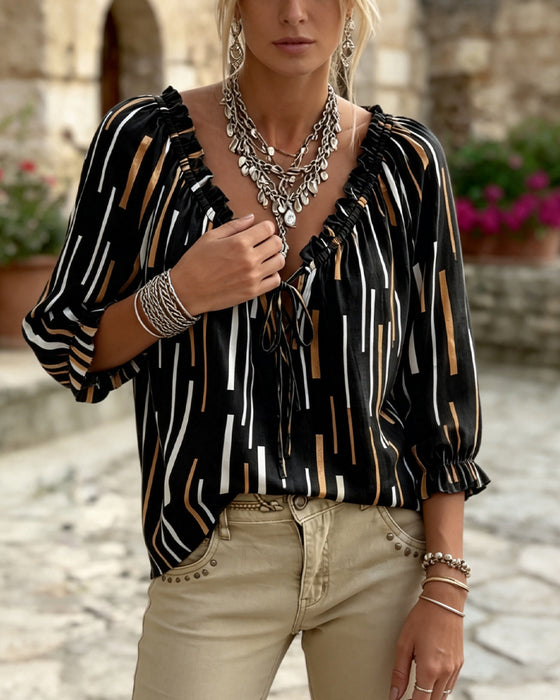 Bluse V-Hals Ruffle Trim Stripe