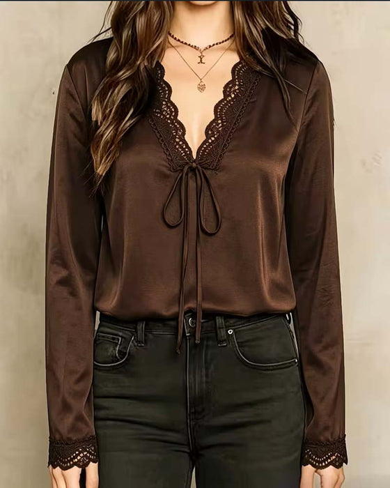 Bluse Lang Erme V-Hals Blonder Patchwork