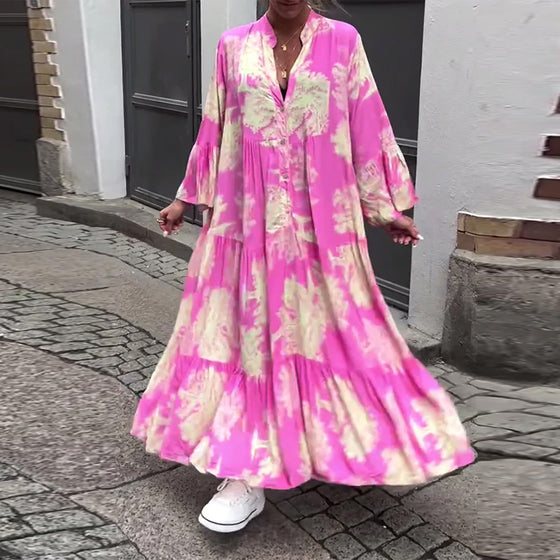 Løs printet kjole med V-hals klokkeerme og patchwork