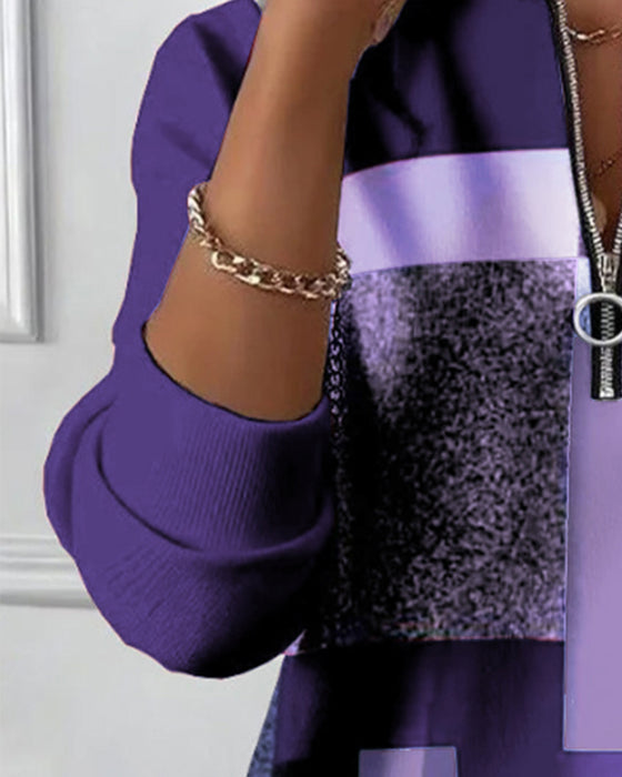 Avslappet Sweatshirt Med Halv Glidelås Og Trykk