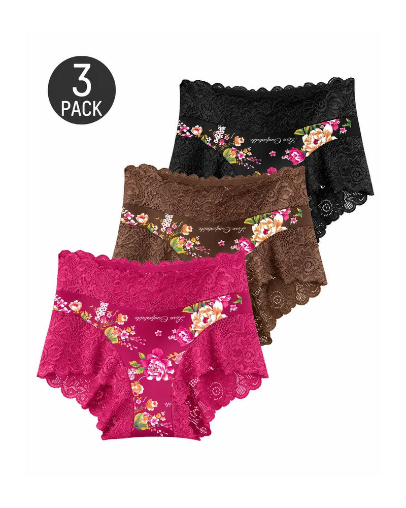 Truser 3-Pack Høy Midje Blomstret Trykk Blonde Kant