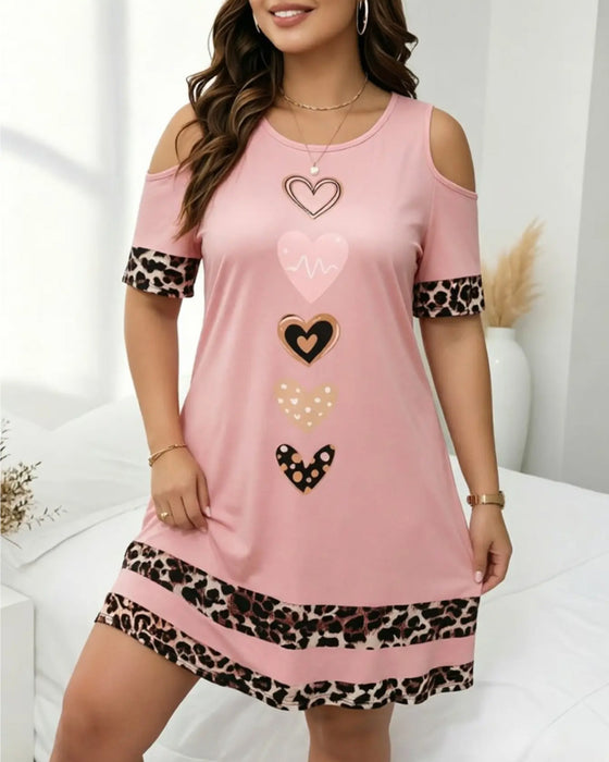Kjole Rund Hals Off-Shoulder Leopard Hjerte