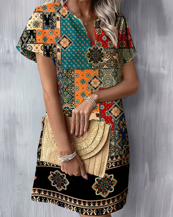 Kjole Etnisk Fargeblokk Kort Erm