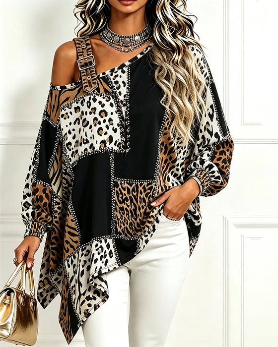 Bluse Leopard Trykk Patchwork Asymmetrisk Hals Lang Erme