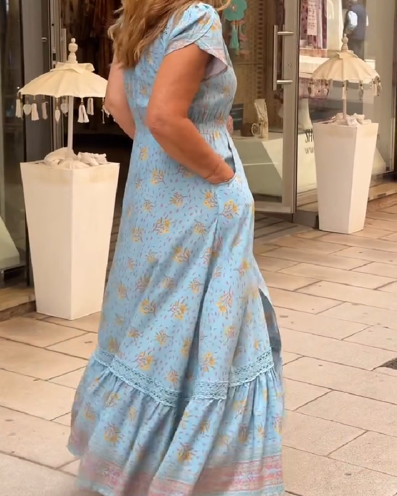 Kjole Blomstret Lang Midjedefinert