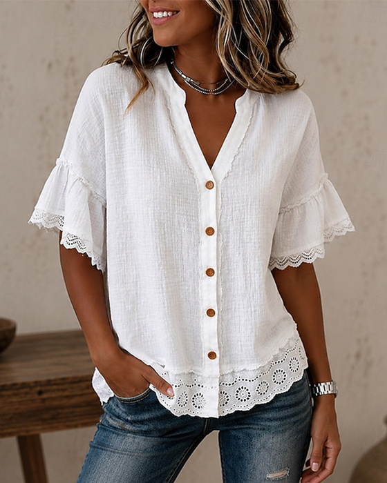 Bluse V-hals Blonder Patchwork Knapp