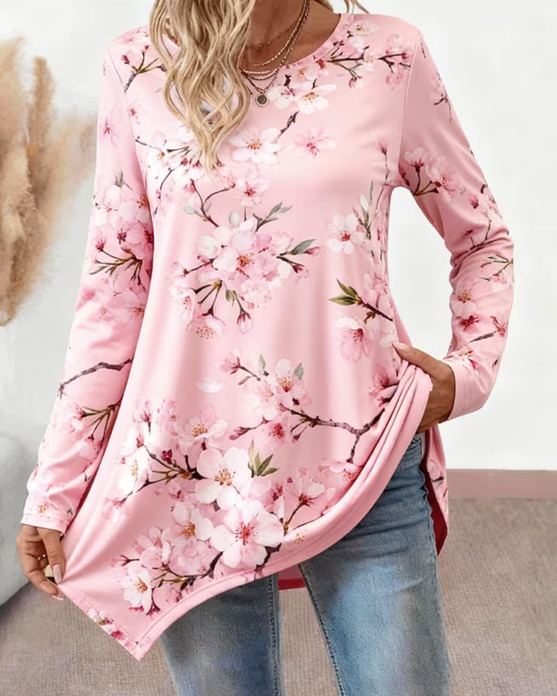 Bluse Rundhalset Blomstret Lang Erme