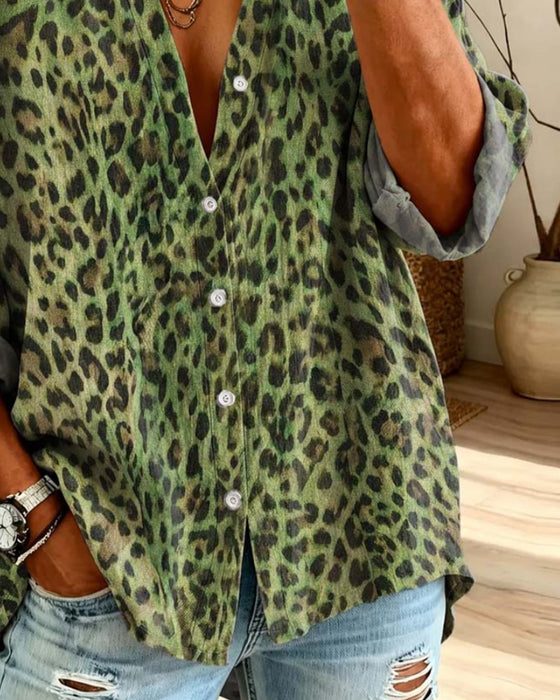 Skjorte V-Hals Knapp Leopard Lang Erme