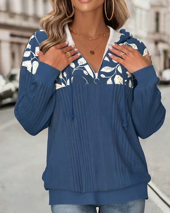 Genser Med Hette Halvglidelås Blomstermønster