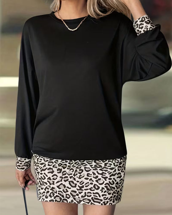 Kjole Runde Leopard Patchwork Lang Erme