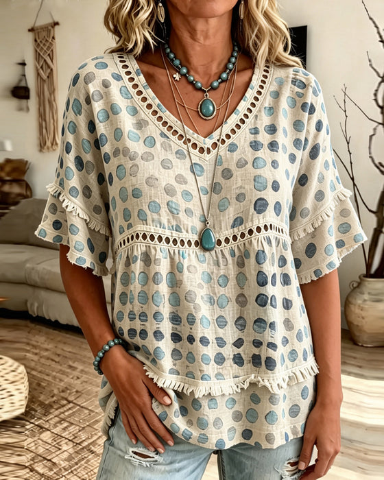 Bluse Frynser V-Hals Prikket Babydoll