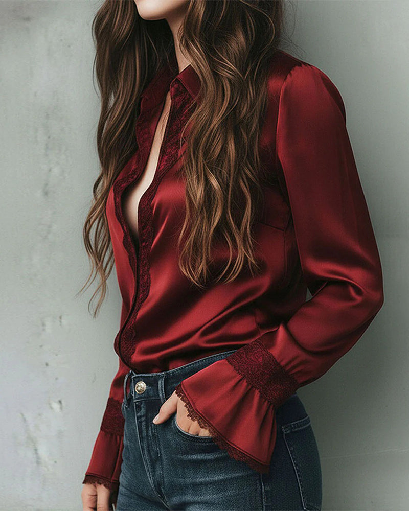 Bluse Sateng Kniplinginnsatt Jakkeslag