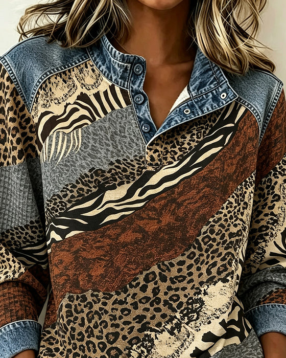 Bluse Patchwork Leopard Knapp
