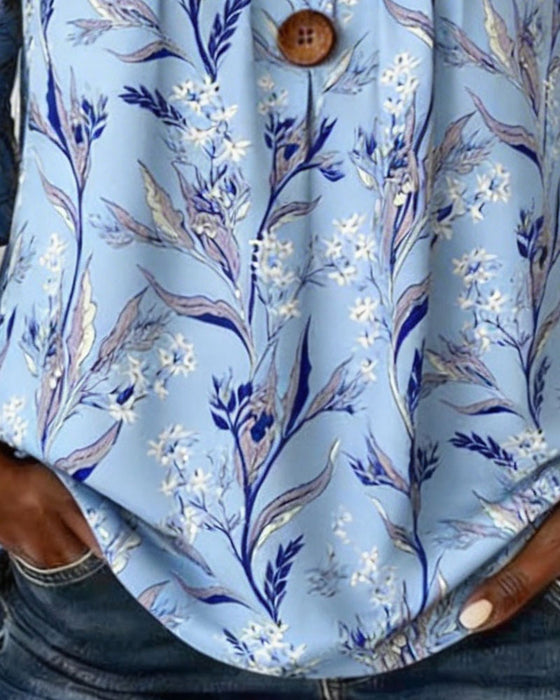 Bluse Med Botanisk Mønster Og Volanger På Ermene