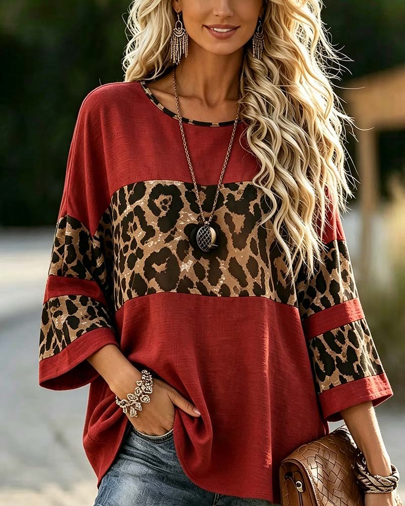 Topp Rundhalset Leopard Fargeblokk