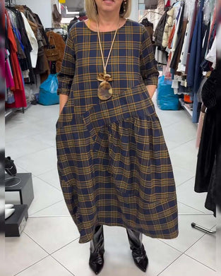 Trykt Rutet Kjole Med Rund Halsring