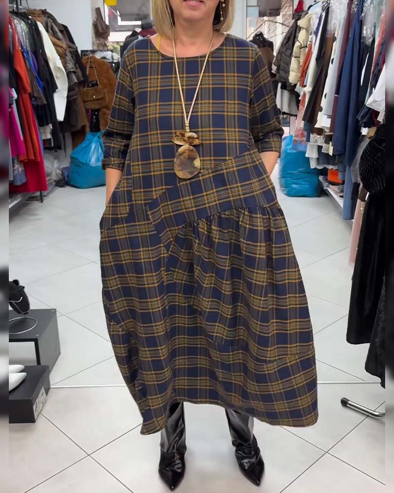 Trykt Rutet Kjole Med Rund Halsring