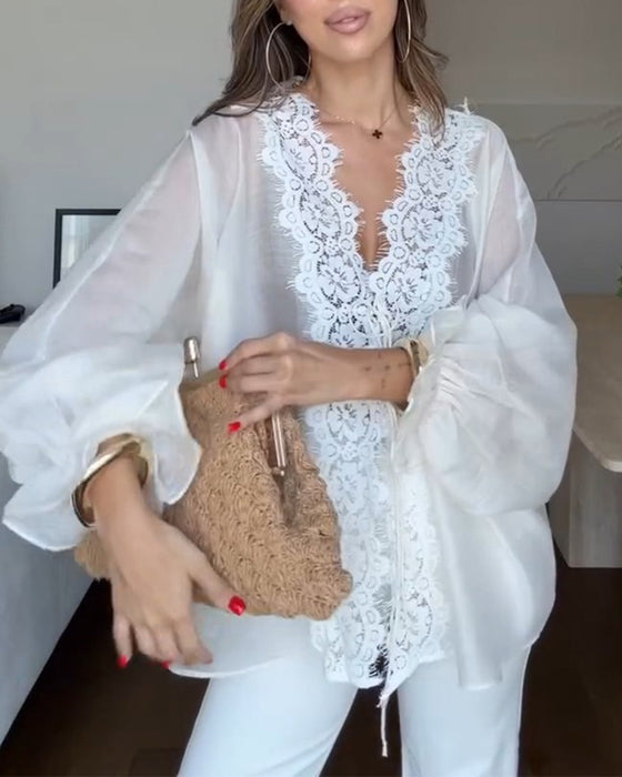 Bluse V-Hals Blonde Panel Ruffle