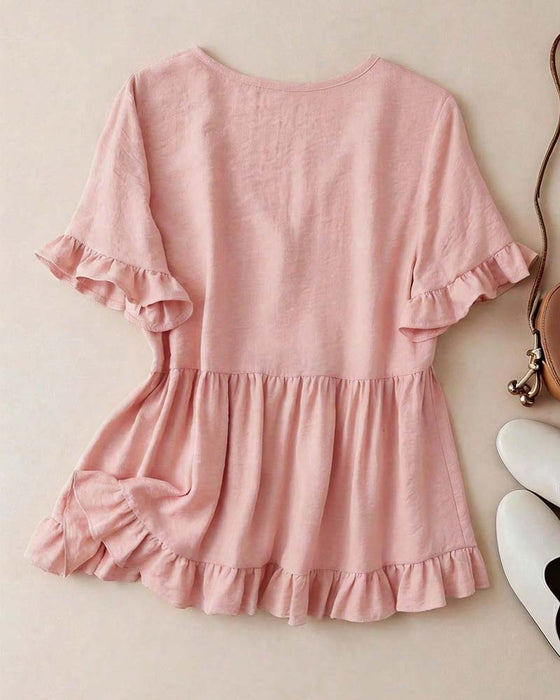 Bluse V-Hals Ruffle Perle Knapp