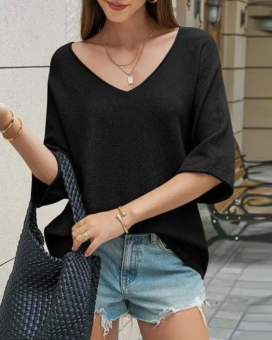 T-Shirt V-Hals Flaggermus Erme Solid