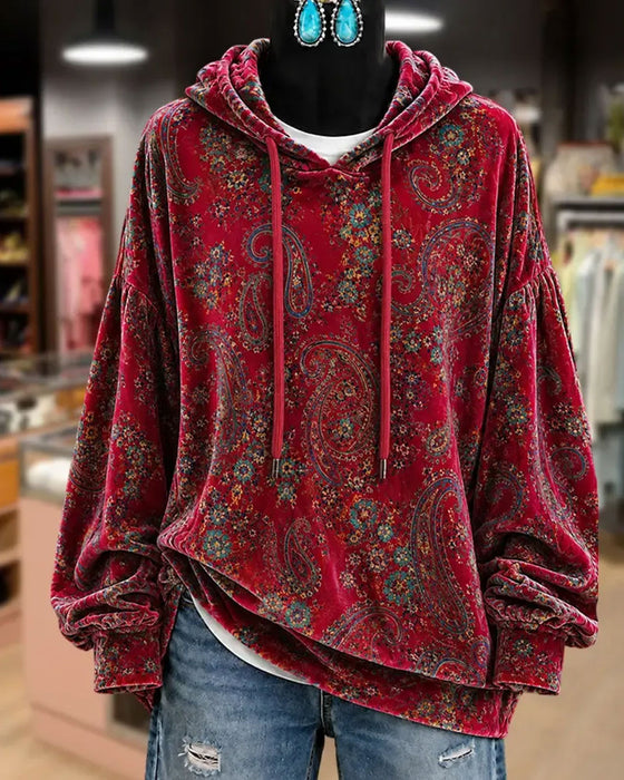 Hoodie Paisley Trykk Fløyel