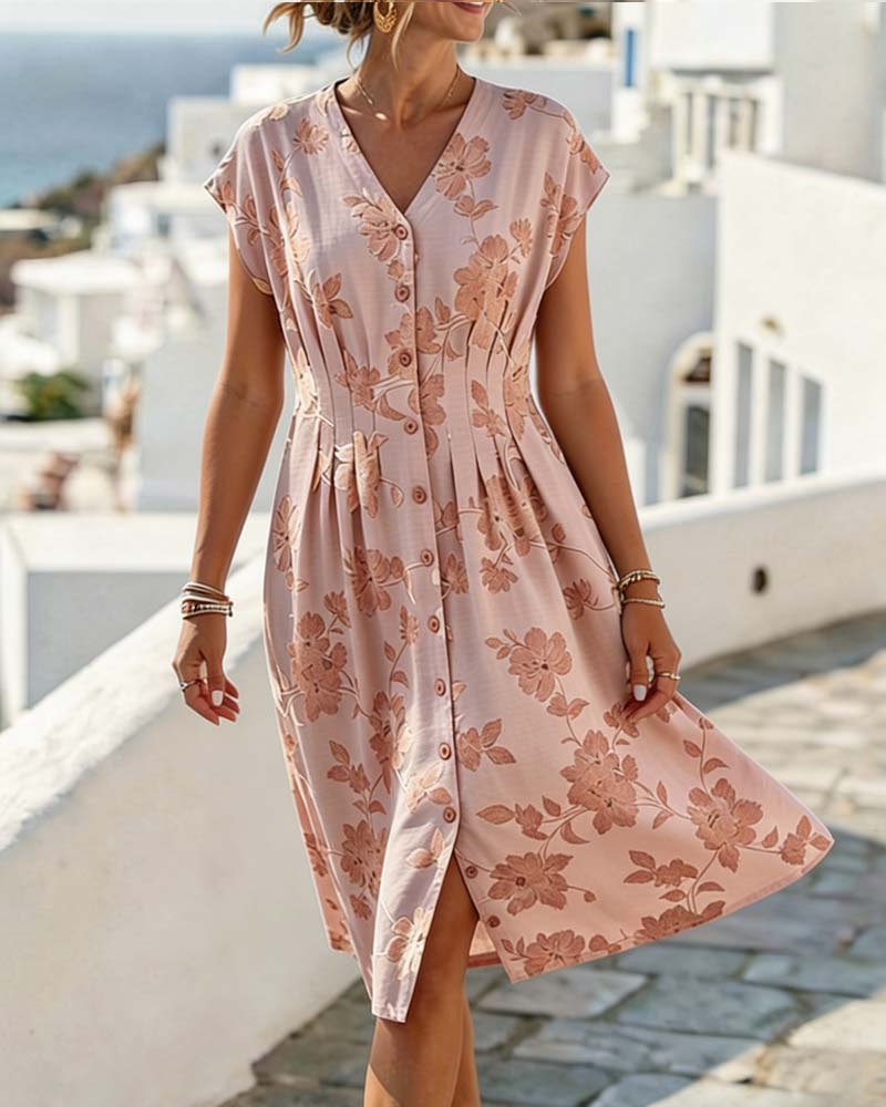 Kjole V-Utringning Trykk Innsnørt Midje Knappefront