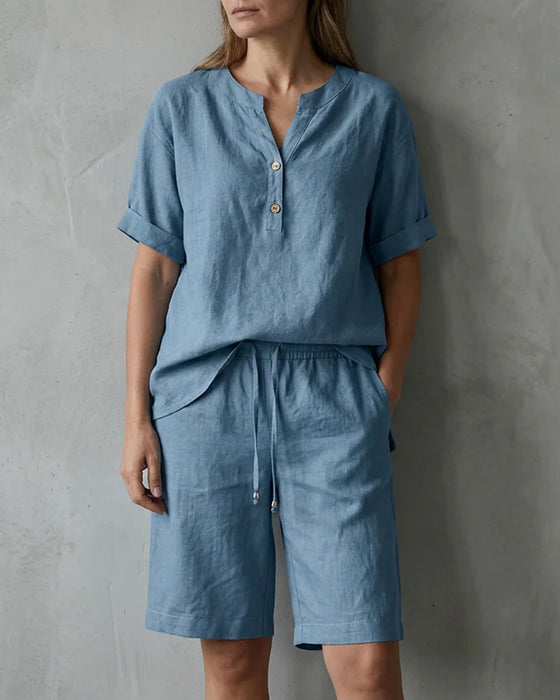 To-Delt Sett Henley Neck Kort Erm Og Snøre Fem-Punkts Brede Ben Bukser