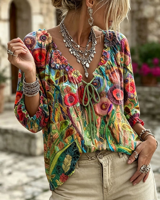 Bluse V-Hals Ruffle Puffererme Knyte