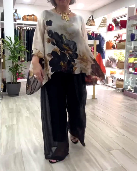 Bluse Langermet Uregelmessig Store Blomstertrykk
