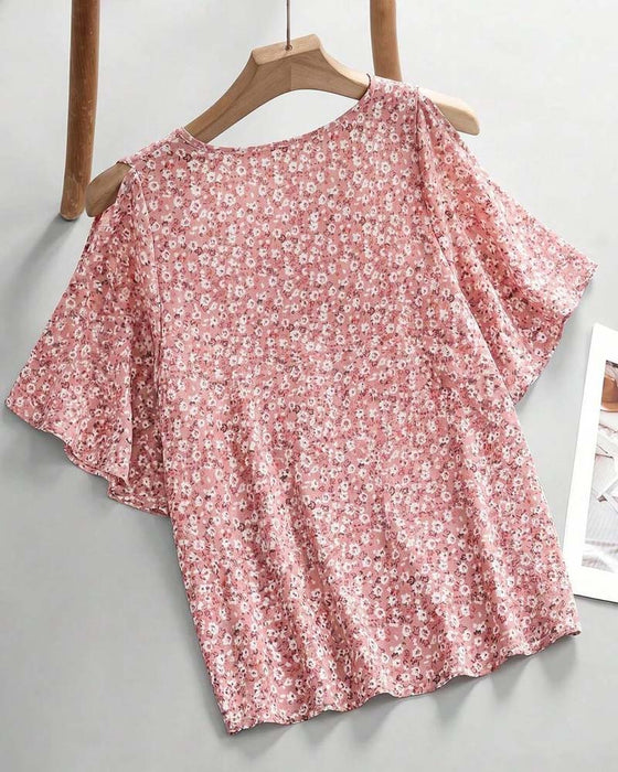 Bluse V-Hals Blomstrende Off-Shoulder Flutter Erme