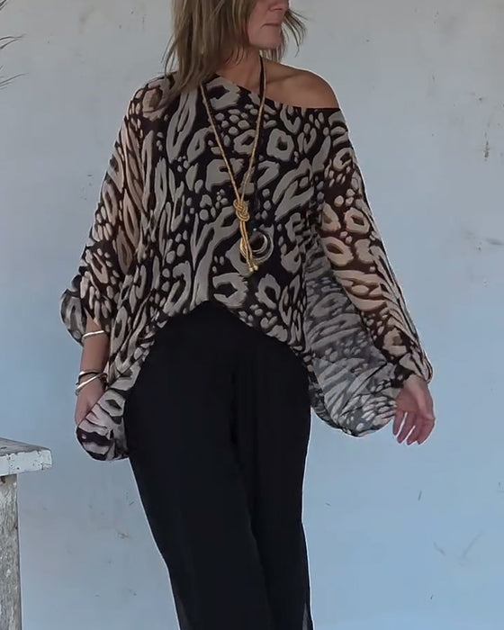 Uregelmessig Bluse Med Flaggermustrykk Og Lange Ermer