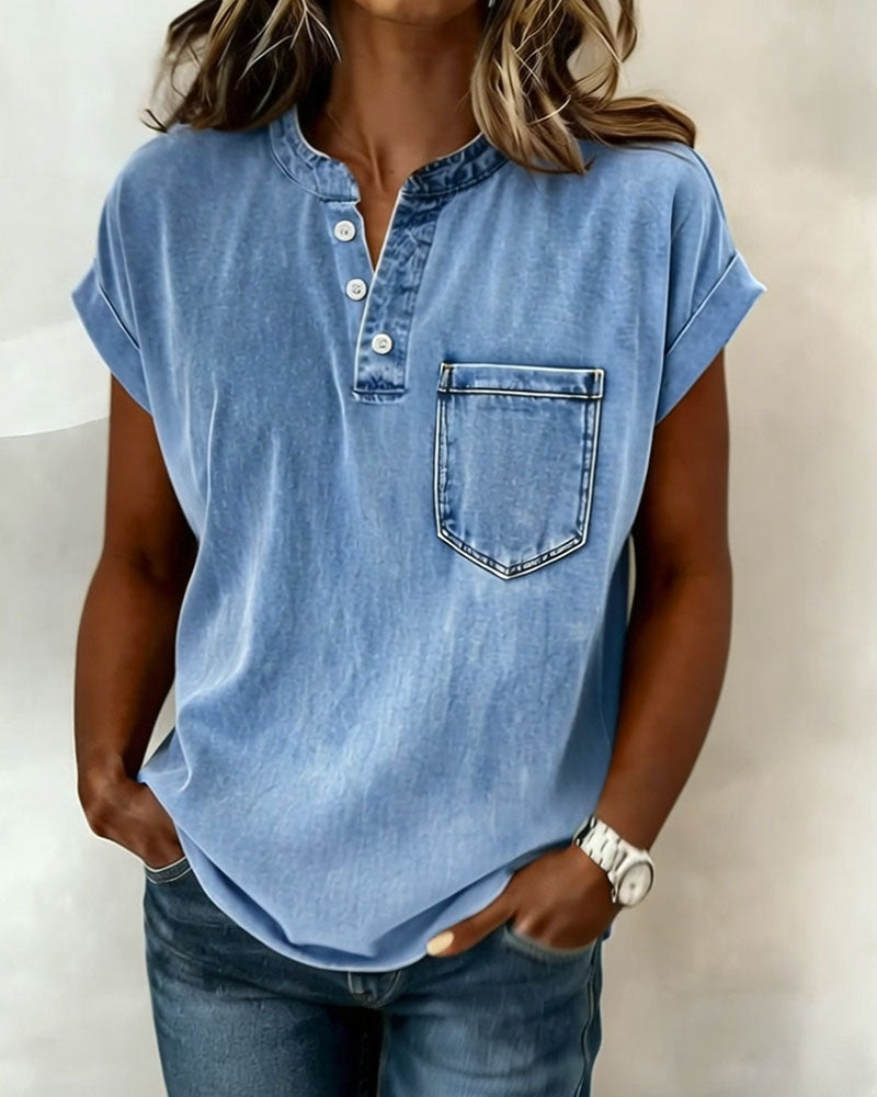 Topp Vasket Denim Henley Kort Erme