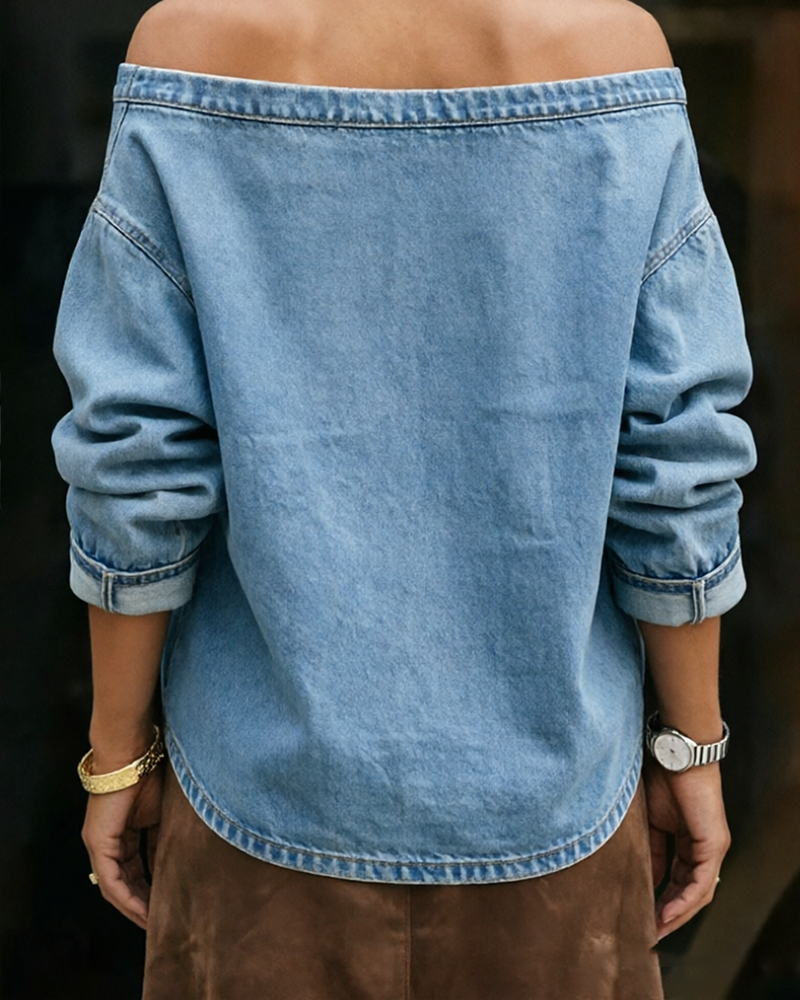 Topp Off-Skulder Løs Denim Lang Erme