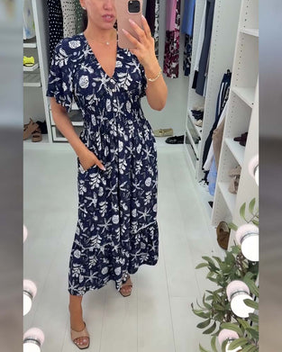 Kjole V-hals Løs Trykt Lang