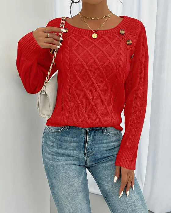 Genser Ensfarget Raglanermer Spenne Kabelstrikk