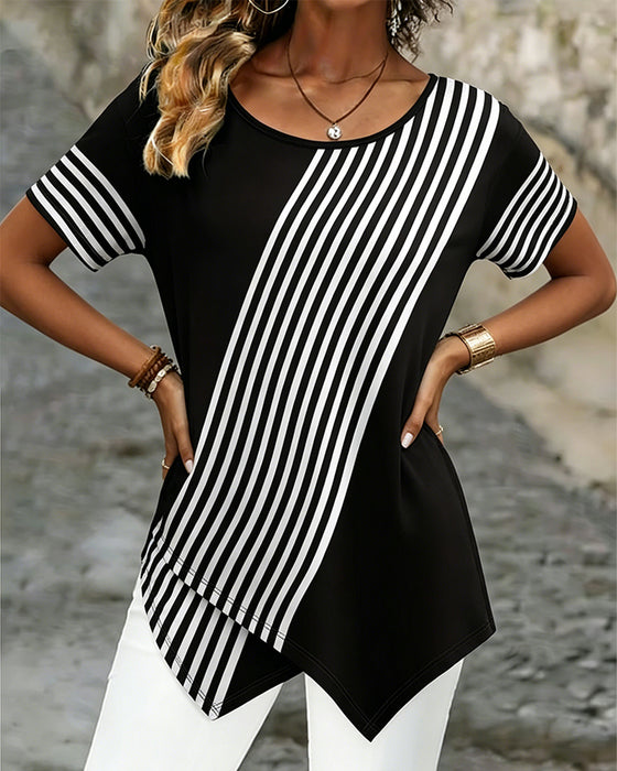 T-Shirt Diagonal Stripe Patchwork Rundhalset