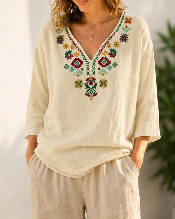 Bluse V-Hals Bohemisk Trykt
