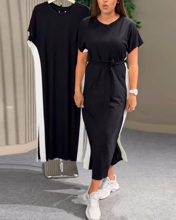 Kjole Rund Hals Lappeteknikk Kort Erme