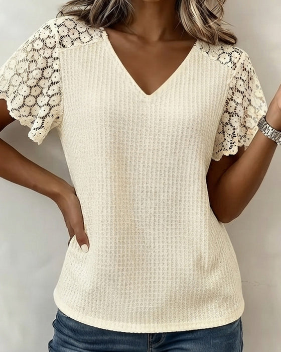 T-Skjorte V-Hals Vaffel Blonde Patchwork Solid