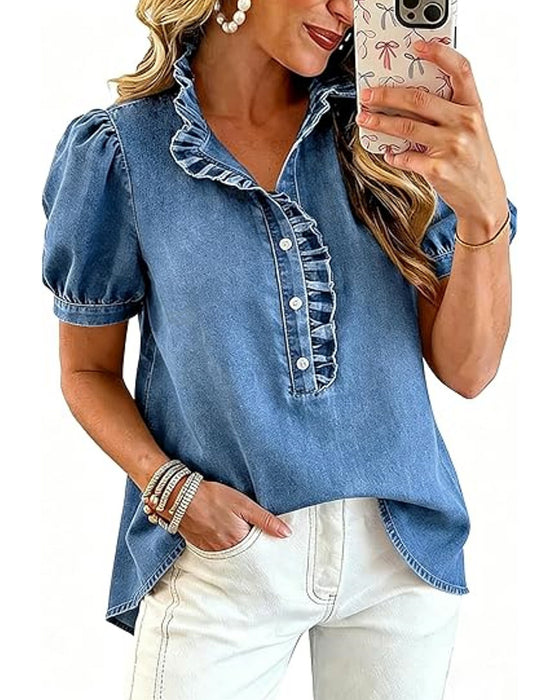 Bluse Knapp Opp Ruffle Denim